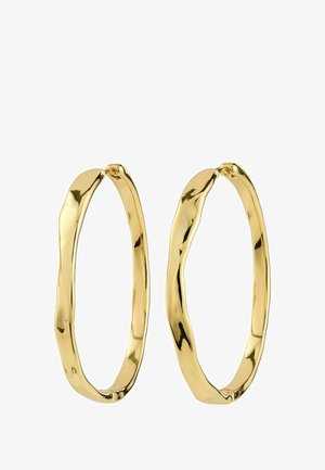 Creolen aus goldfarbenem Metall mit gedrehter Textur und glatter Oberfläche; runde Form mit offenen Enden; Durchmesser ca. 7,5 cm.