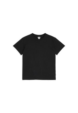 T-shirt noir uni à manches courtes avec col rond, posé à plat sur un fond blanc.