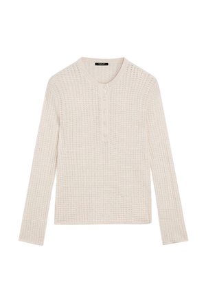 Dzianinowy top z długim rękawem w jasnobeżowym kolorze z teksturowanym wzorem, zaokrąglonym dekoltem i listwą z pięcioma guzikami z przodu.