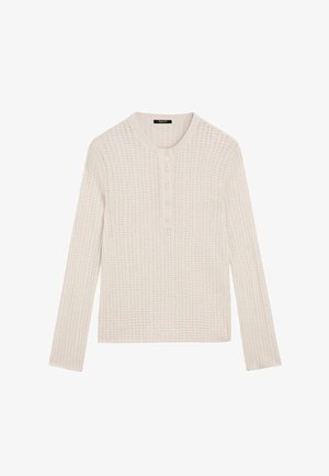 Langärmliges Strickoberteil in Hellbeige mit strukturiertem Muster, rundem Ausschnitt und einer Knopfleiste mit fünf Knöpfen vorn.