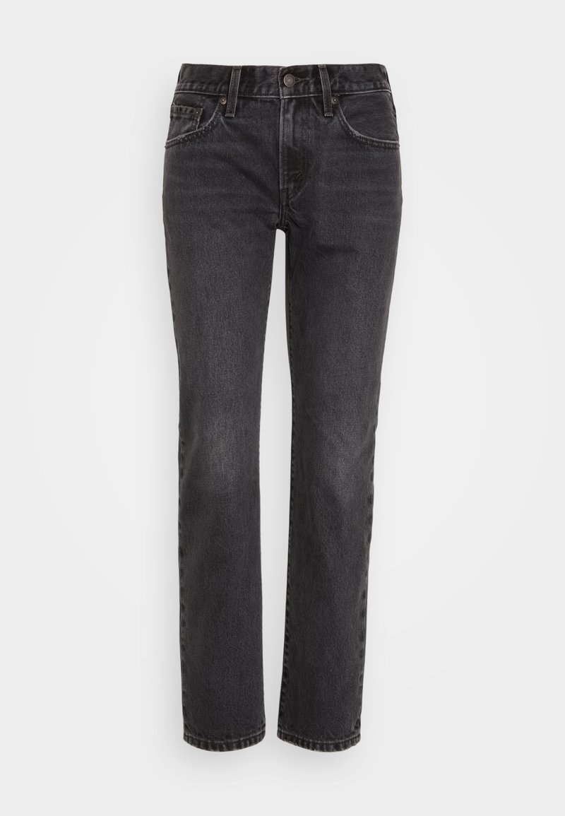 Jeans en denim noir avec une coupe droite, présentant un design classique à cinq poches, une fermeture éclair et des coutures contrastées le long des coutures.