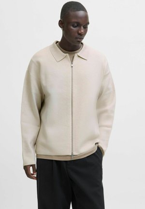 Persona vistiendo un suéter beige con cremallera y cuello, y pantalones negros, de pie con una mano en el bolsillo contra un fondo blanco liso.