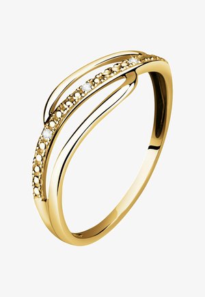 Goldring mit einem eleganten offenen Doppelbanddesign, das eine Reihe kleiner Diamanten entlang eines Bandes aufweist.