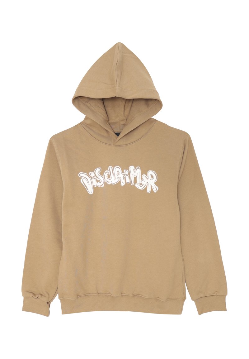 Felpa color tortora realizzata in morbido tessuto, con una grande grafica bianca "Disclaimer" sulla parte anteriore. Dispone di un cappuccio con coulisse e polsini elasticizzati.