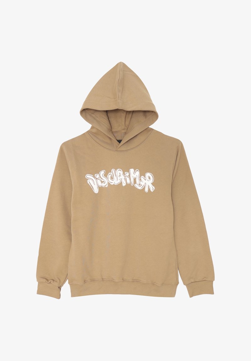 Felpa color tortora realizzata in morbido tessuto, con una grande grafica bianca "Disclaimer" sulla parte anteriore. Dispone di un cappuccio con coulisse e polsini elasticizzati.