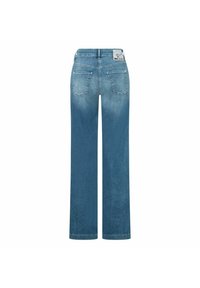Jeans a gamba larga di colore azzurro chiaro, realizzati in denim. Presentano due tasche posteriori, un effetto sbiadito e un'etichetta con il marchio sopra la vita.