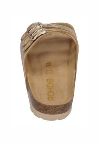 Light brown cork platform sandal with three metallic buckle straps. Textured insole with "ROHDE" and size 38 embossed. Smooth finish.