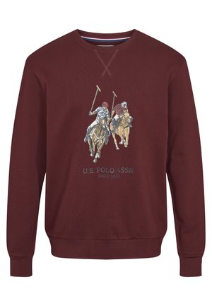 Bordowa bluza z kapturem z wzorem przedstawiającym dwóch graczy polo na koniach oraz napisem „U.S. Polo Assn. Since 1890” pod grafiką.