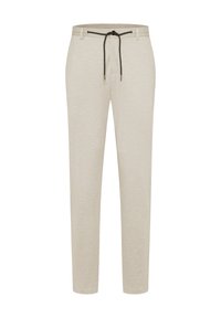 Beige casual pants with an elastic waistband and black drawstring, designed for comfort and adjustable fit.