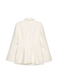 Hvid tekstureret blazer med en klippet krave, lange ærmer og en tætsiddende silhuet, der har et blomsterdesign og en glat overflade.