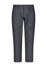 Szare, dopasowane spodnie z tkaniny o splocie, charakteryzujące się wąskim krojem, długością do kostek, przednimi kieszeniami i gładką teksturą.