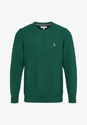 Grüner gestrickter Pullover mit einem Rautenmuster, Rundhalsausschnitt, gerippten Bündchen und Saum. Aufgesticktes Logo in Gold auf der Brust.