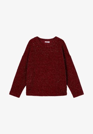 Pull en maille bordeaux à manches longues avec col rond et texture douce et duveteuse, posé à plat sur un fond blanc.