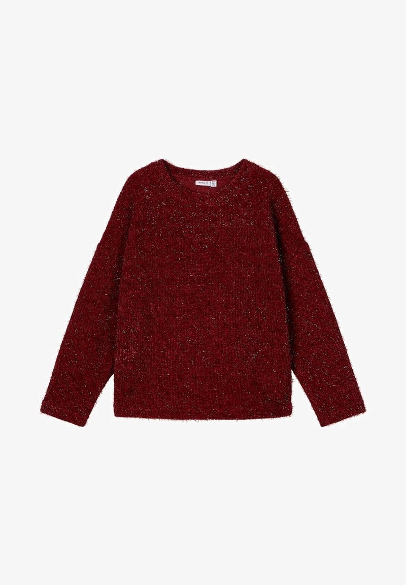 Pull en maille bordeaux à manches longues avec col rond et texture douce et duveteuse, posé à plat sur un fond blanc.