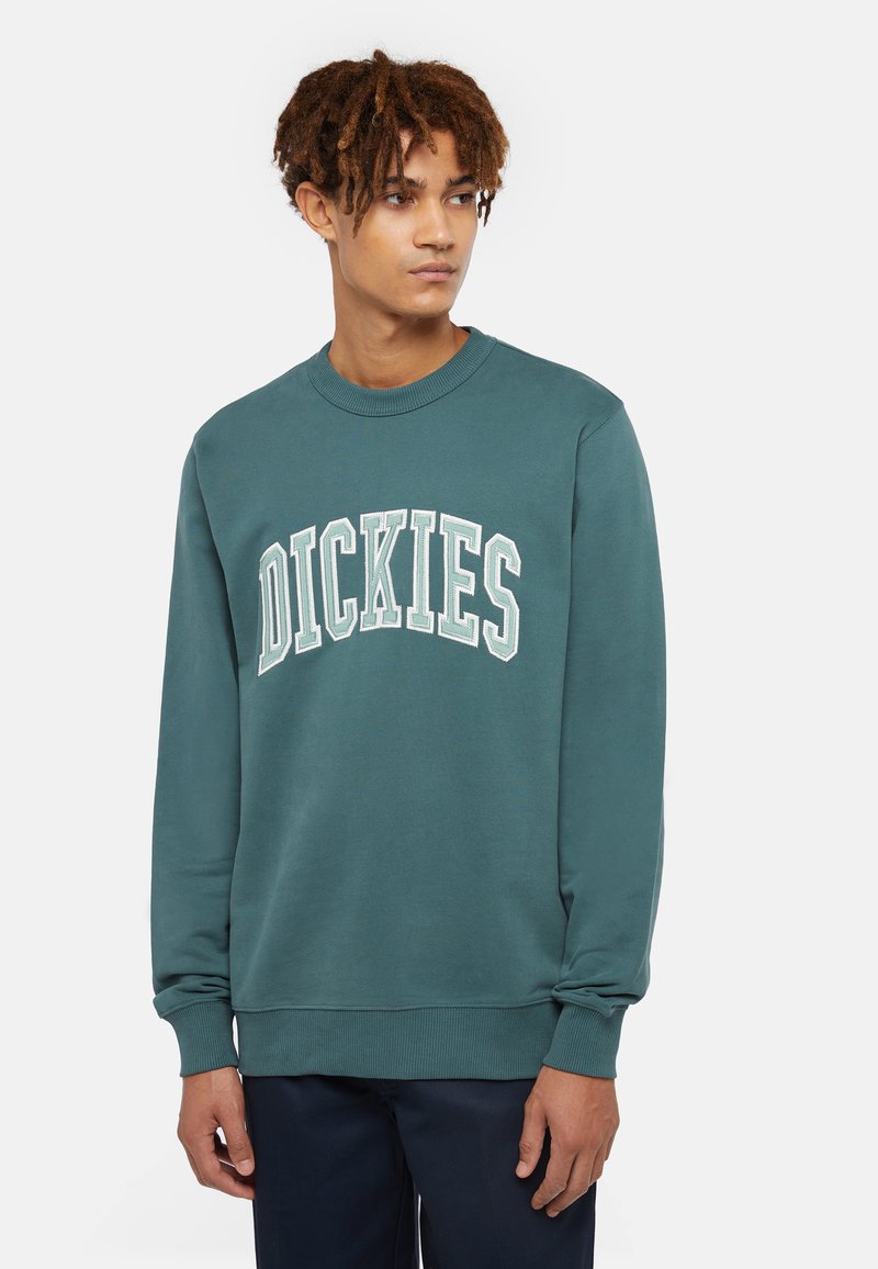 Teal bomullströja med ribbade muddarna och nederkant, med iögonfallande vit "DICKIES" text över bröstet. Slät yta, rund halsringning.