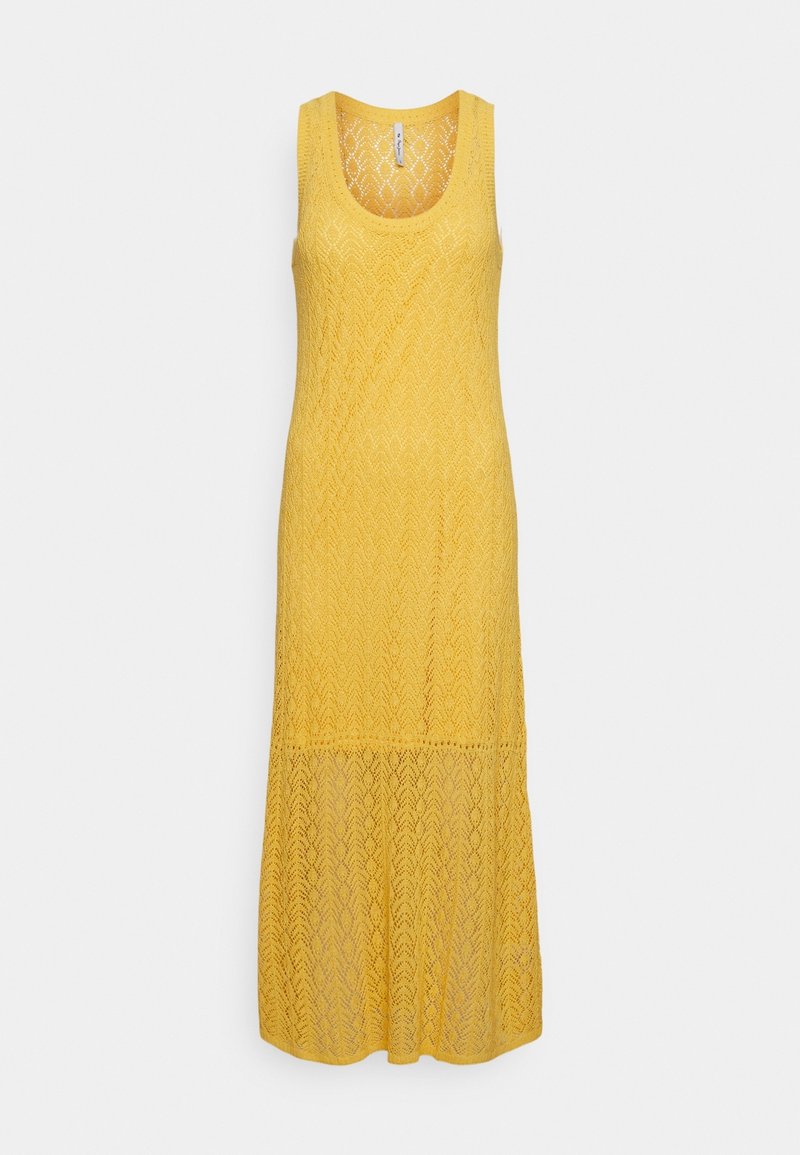 Robe maxi jaune sans manches avec encolure dégagée et motif en dentelle tricotée, avec une partie inférieure de la jupe semi-transparente.