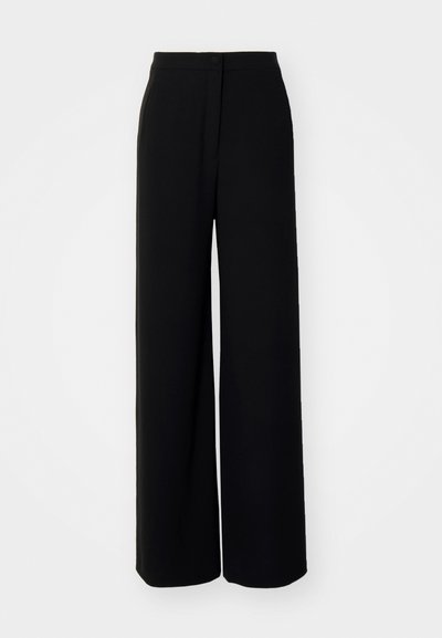 Black wide-leg trousers with a high waist, smooth fabric, front button closure, and no visible pockets, featuring a tailored fit.