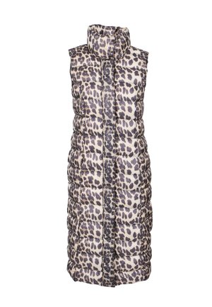 Gilet imbottito senza maniche con stampa leopardata in tonalità beige e marroni, collo alto e sezioni trapuntate verticali.