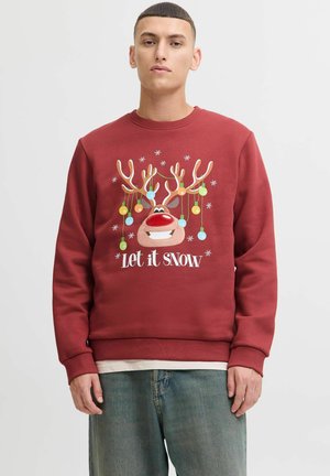 Bordowy sweatshirt z grafiką renifera z rogami, kolorowymi ozdobami i napisem "Niech pada śnieg" na dole. Prążkowane mankiety i dół.