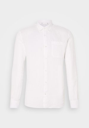 White long-sleeve linen shirt with a button-down collar, single chest pocket, and a straight cut. Smooth texture, minimalistic design.