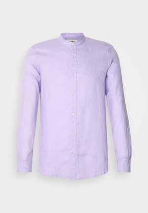 Long-sleeve button-up shirt in light lavender linen with a stand collar and front button closure. Smooth texture with a relaxed fit.