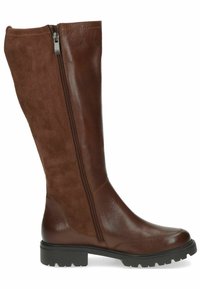 Braune kniehohe Stiefel aus Leder und Wildleder, mit einem seitlichen Reißverschluss, strukturiertem Finish und einer robusten Gummisohle mit Profil.