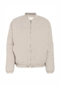 Veste bomber matelassée beige clair avec fermeture éclair, col côtelé et poignets élastiques. Présente un motif de diamant subtil et une coupe décontractée.