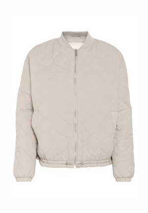 Helle beige gesteppte Bomberjacke mit Reißverschluss, geripptem Kragen und elastischen Bündchen. Verfügt über ein dezentes Diamantmuster und einen lässigen Schnitt.