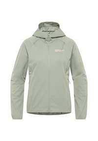 Veste légère vert clair avec capuche, manches longues, fermeture éclair et poches latérales. Logo sur la poitrine gauche. Texture lisse.