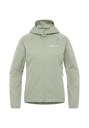 Lichtgroene, lichte jas met een capuchon, lange mouwen, ritssluiting en zijzakken. Voorzien van een logo op de linkerborst. Gladde textuur.