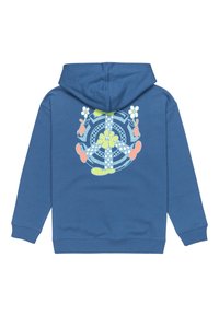 Felpa con cappuccio blu, caratterizzata da una grande grafica pastello con fiori e coniglietti dei cartoni animati sul retro. Realizzata in tessuto morbido e testurizzato.