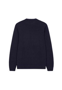 Granatowy sweter z dzianiny z okrągłym dekoltem z rybką, długimi rękawami i teksturowanym materiałem. Dół i mankiety rękawów również mają żebrowany wzór.