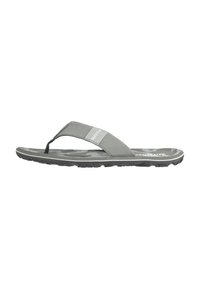 Gray flip-flop with a textured footbed, a cushioned strap, and a durable rubber sole featuring a grip pattern. Lightweight design for comfort.