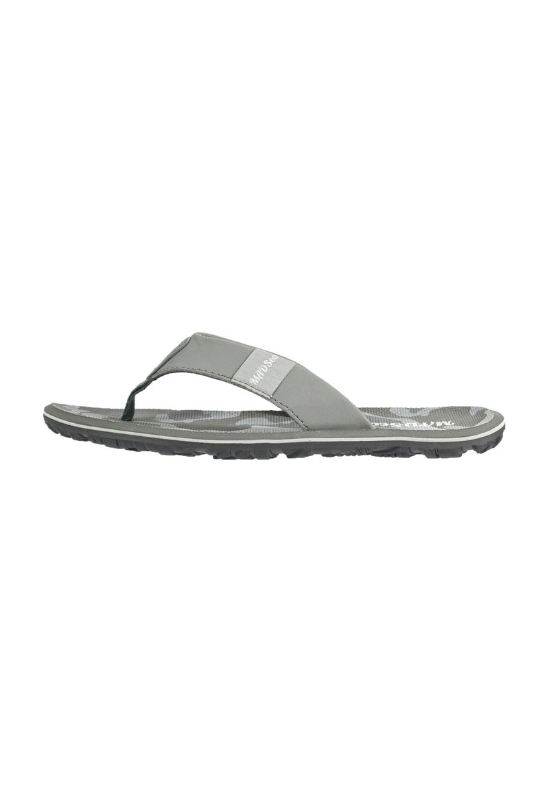 Gray flip-flop with a textured footbed, a cushioned strap, and a durable rubber sole featuring a grip pattern. Lightweight design for comfort.