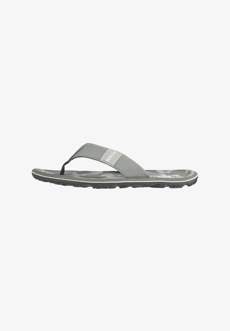 Gray flip-flop with a textured footbed, a cushioned strap, and a durable rubber sole featuring a grip pattern. Lightweight design for comfort.