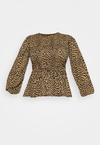 Leopardenmuster Bluse mit langen Ärmeln, geraffter Taille und puffigen Ärmeln, in Brauntönen und Schwarz auf einem hellen Hintergrund.