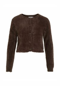 Rjav skrajšan cardigan, izdelan iz mehkega, puhast materiala; ima okroglo ovratnik, dolge rokave in zapiranje na gumbe.