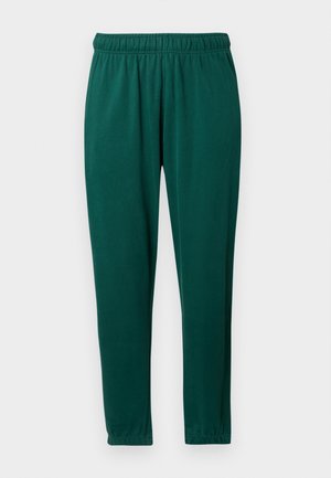Pantalones jogger verdes hechos de una tela suave, con cinturilla elástica, piernas ajustadas y una textura lisa. Sin patrones ni acentos visibles.