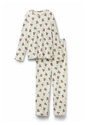 Langärmliges Schlafanzugset aus cremefarbenem Stoff, mit durchgehendem Teddybarmuster und Texterweiterungen. Weiches, leichtes Material, lockere Passform.