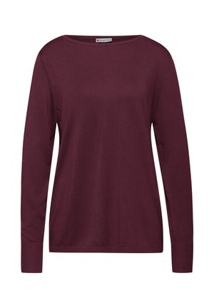 Burgundy långärmad tröja i mjukt stickat tyg, med en bred halsringning och ribbade muddar, som visar en enkel och klassisk design.