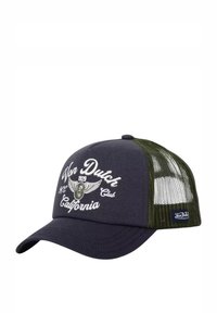 Casquette bleu marine avec un dos en filet vert, ornée de broderies blanches "Von Dutch", d'un logo d'aigle et de "California". Design classique de camionneur.