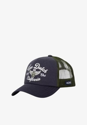 Casquette bleu marine avec un dos en filet vert, ornée de broderies blanches "Von Dutch", d'un logo d'aigle et de "California". Design classique de camionneur.