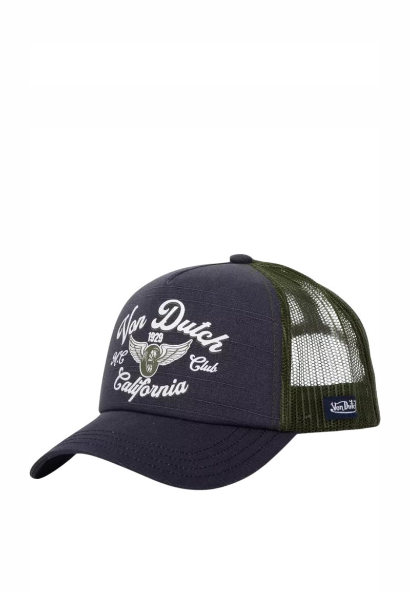 Casquette bleu marine avec un dos en filet vert, ornée de broderies blanches "Von Dutch", d'un logo d'aigle et de "California". Design classique de camionneur.