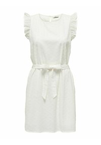 Weißes Kleid mit kurzen, gerafften Ärmeln, strukturiertem Stoff mit einem Rautenmuster, tailliert mit einem Stoffgürtel, runder Ausschnitt und Schlüsselaugenrücken.