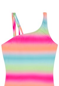 Een badpak met één schouder in een pastel regenboogverloop, met horizontale strepen in roze, oranje, groen en blauw. Gemaakt van een gladde, rekbare stof.