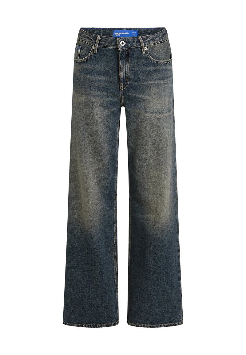 Weite Denim-Jeans in Dunkelblau mit einem ausgewaschenen Effekt, ausgestattet mit einem klassischen Knopfverschluss und Fronttaschen. Mit genähten Details entlang der Nähte.