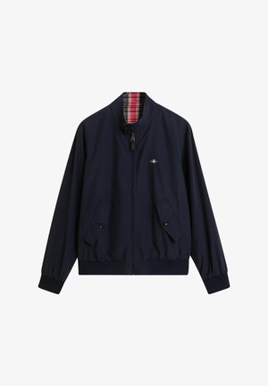 Giacca bomber blu navy con zip frontale, due tasche con bottone e rivestimento a quadri. Caratterizzata da orlo ed elastico ai polsi per un look aderente.