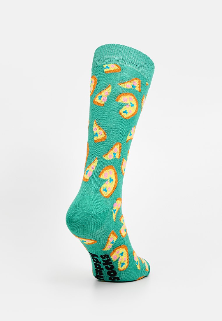 Zielona skarpetka bawełniana z wzorem kolorowych kawałków pizzy. Na pięcie znajduje się napis "HAPPY SOCKS" w kolorze czarnym. Miękka tekstura, standardowy kształt.