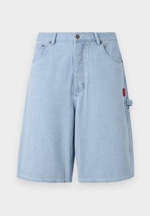 Light blue denim shorts featuring a textured pattern, two front pockets, and a side pocket with a red label detail.