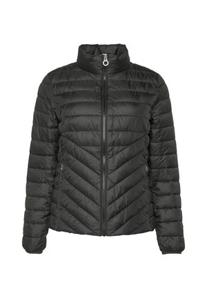 Giacca a vento nera con chiusura a zip, colletto alto, design trapuntato con motivi a chevron e tasche laterali. Texture liscia e lucida.